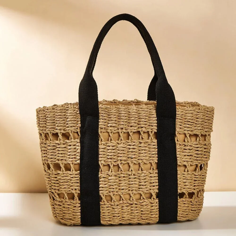 Crochet Straw Tote with Black Strap/NWOT - Picture 1 of 11